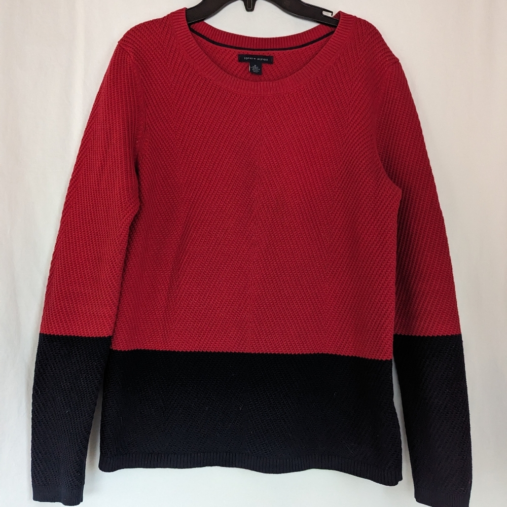TOMMY HILFIGER Womens Sz M Red Navy Color Block Pullover Sweater